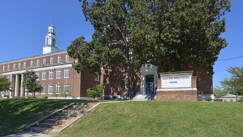 Alice Deal Middle School building and sign in Washington, D.C.