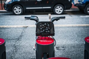Red Capital Bikeshare bicycle docked at a Washington station