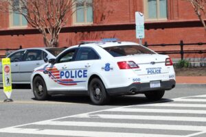 A Washington, D.C. Metropolitan Police Department Ford Taurus Police Interceptor patrol cruiser outside the D.C. Courthouse.