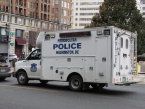 A Metropolitan Police Department transport van parked on a street in Washington, D.C.